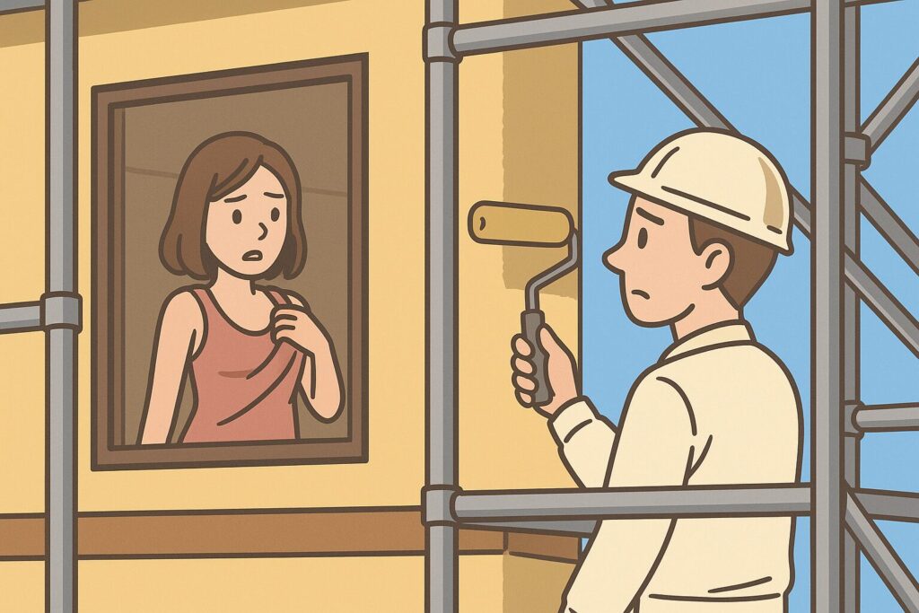 施行中に２階の女性と目が合うイラスト
